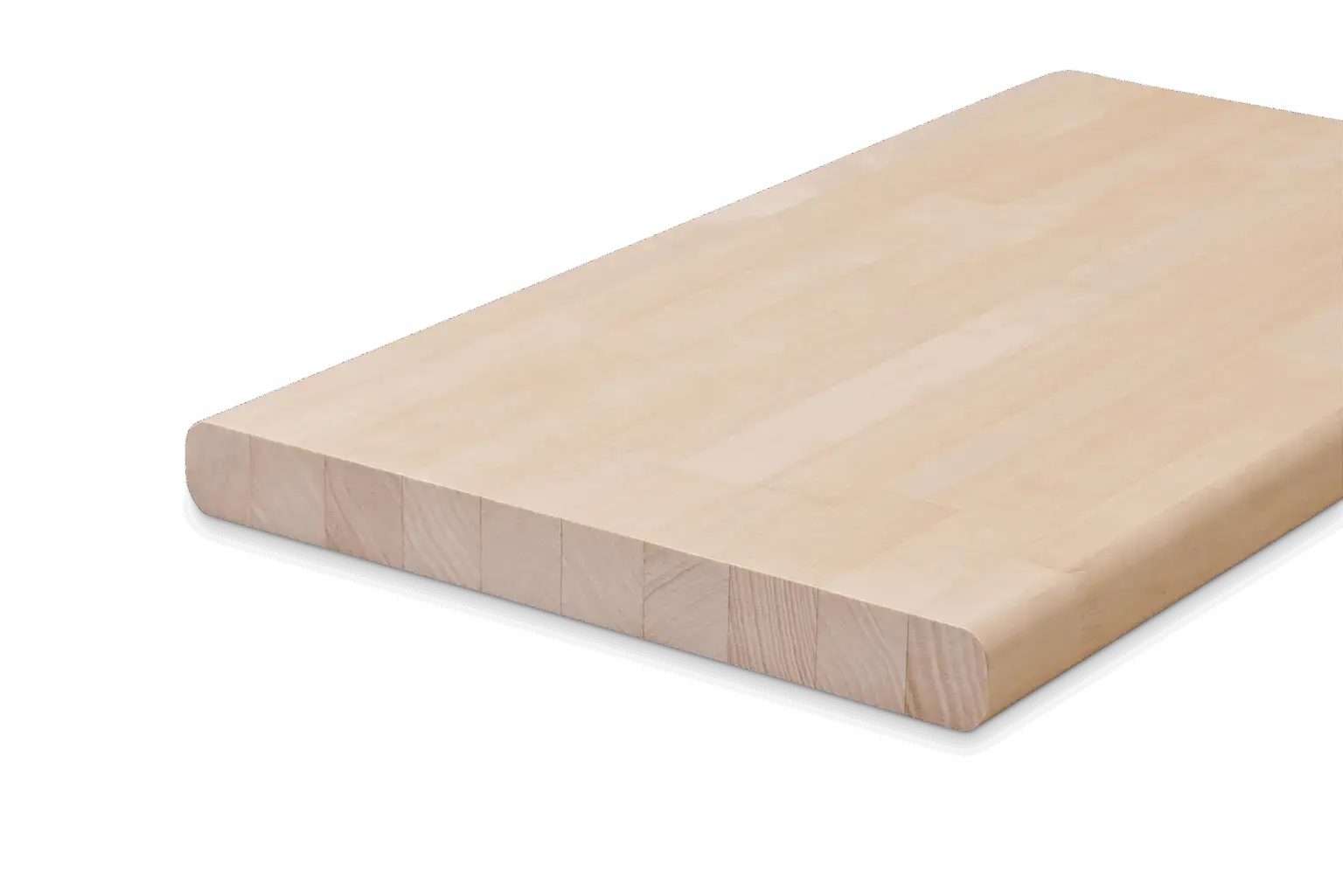 Rechteckiger, heller Holzblock mit glatter Oberfläche und abgerundeten Ecken.
