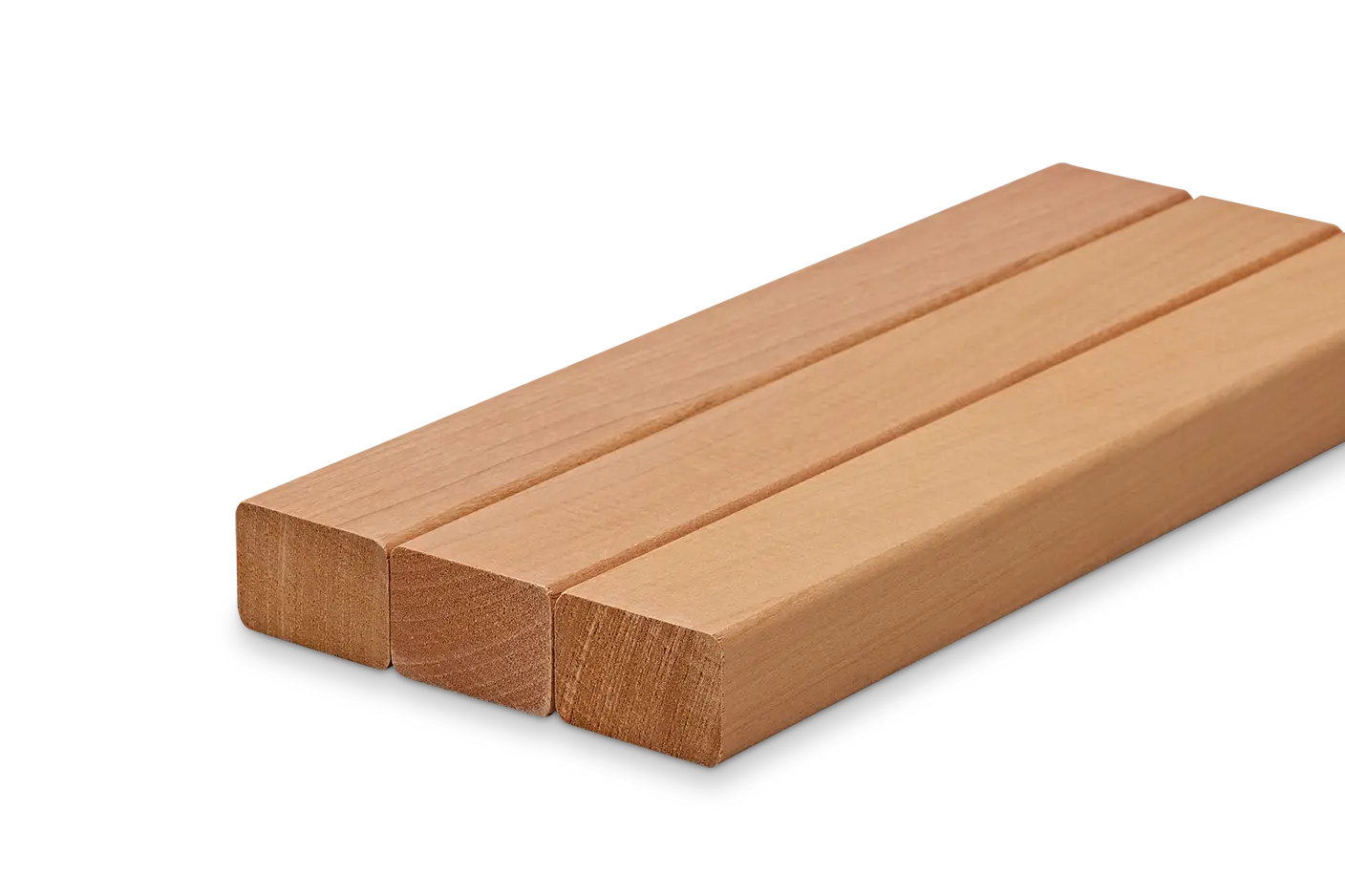 Light-colored, smooth wooden slats with a square cross-section are arranged next to each other.