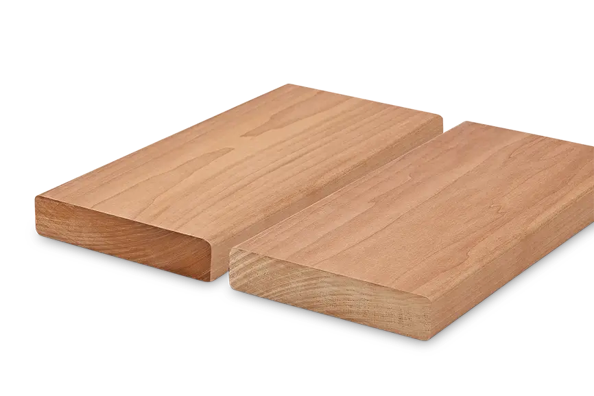 Two wooden boards with a smooth surface and rounded edges next to each other.