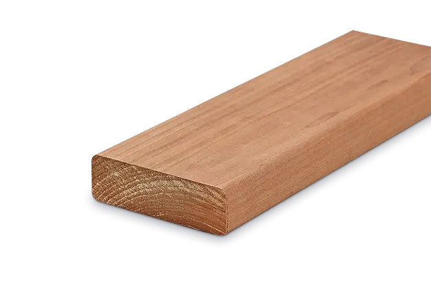 Rechteckiges Holzbrett mit glatter Oberfläche, abgeschrägten Kanten und natürlicher Maserung.