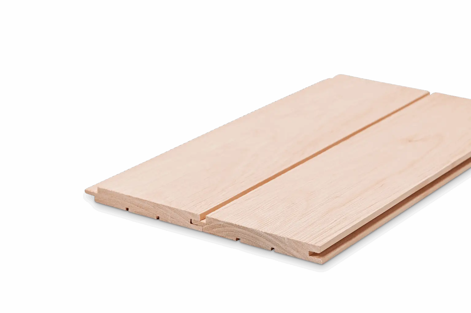 Holzplatte mit heller Farbe und Nut-und-Feder-Verbindung auf schwarzem Hintergrund.