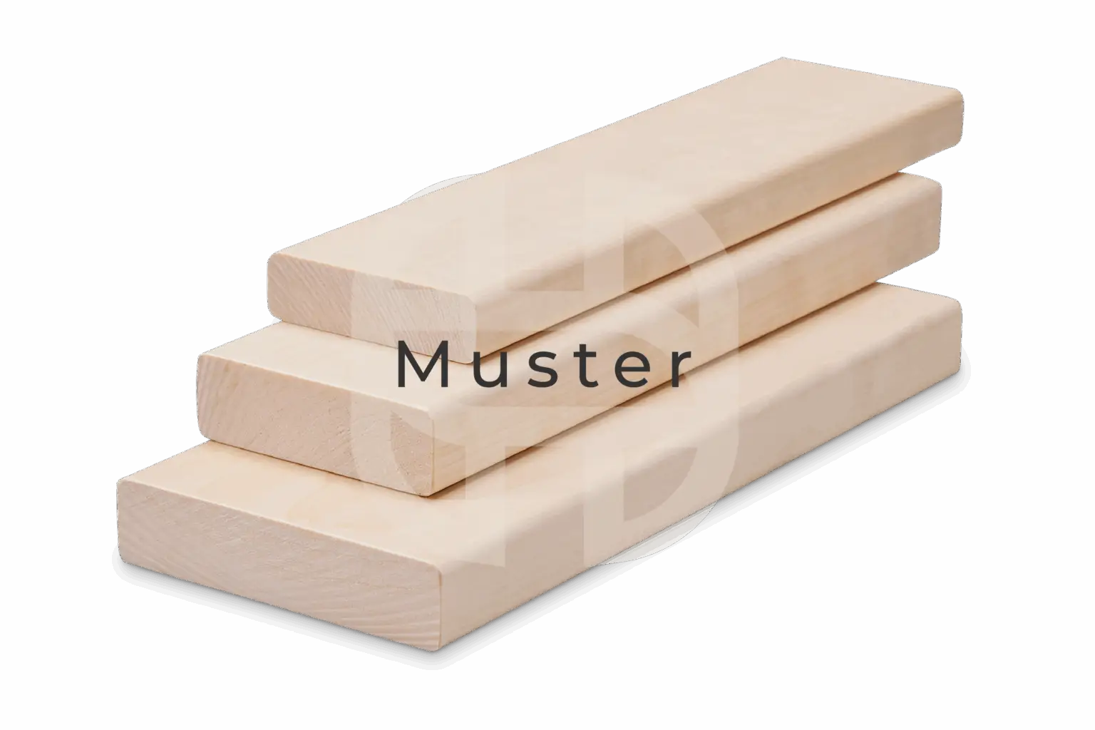 Drei unbehandelte Holzbohlen vor schwarzem Hintergrund mit dem Schriftzug "Muster".