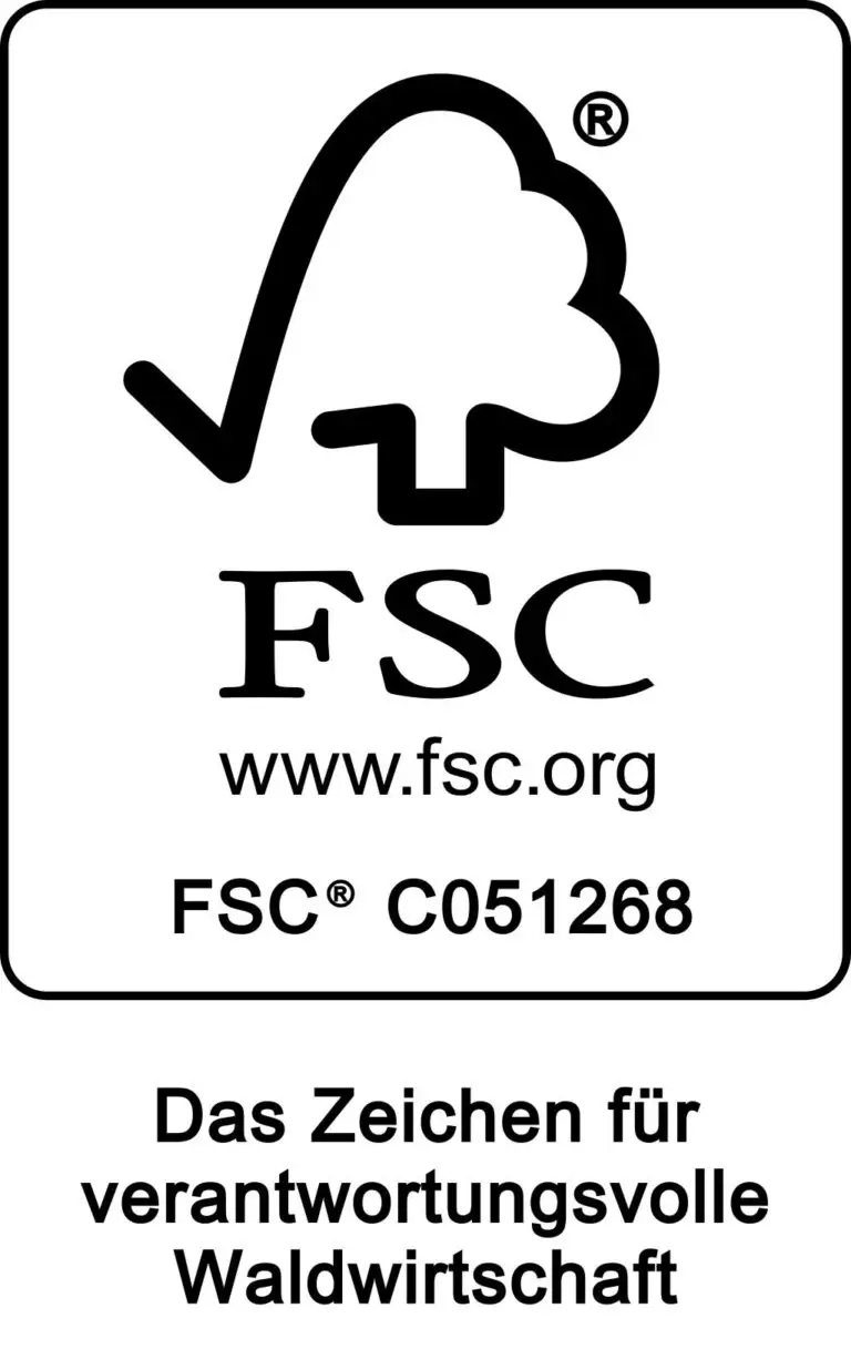 FSC-Logo mit stilisiertem Baum, Häkchen, Website und Text zur verantwortungsvollen Forstwirtschaft.